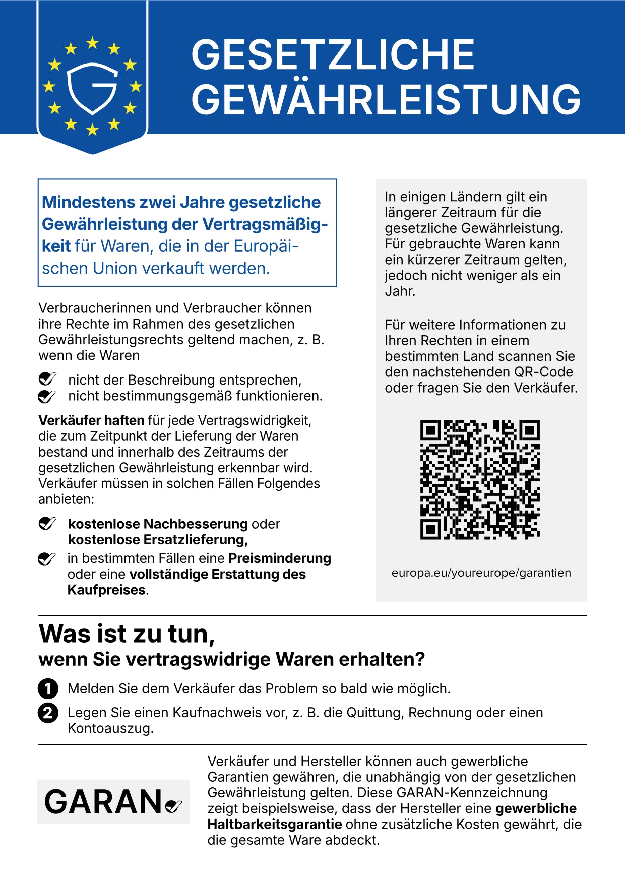 EU-Hinweis zur gesetzlichen Gewährleistung: Mindestens zwei Jahre gesetzliche Gewährleistung der Vertragsmäßigkeit für Waren, die in der Europäischen Union verkauft werden. Mehr unter europa.eu/youreurope/garantien.